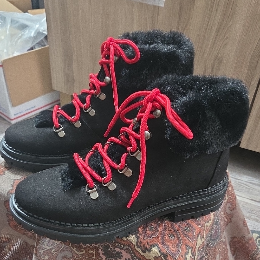Sugar Black and Red Fur-Lined Winter Boots